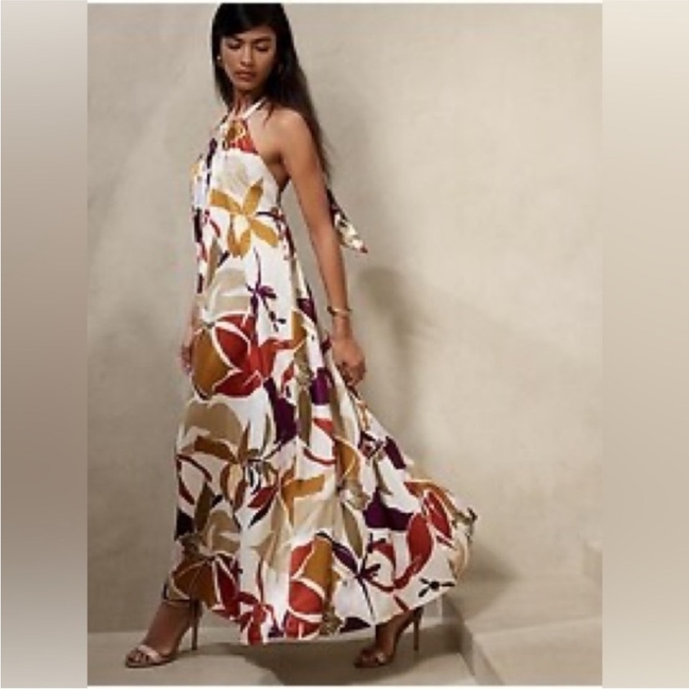 Banana Republic Factory Floral Halter Maxi Dress in White, Red, Gold, Purple